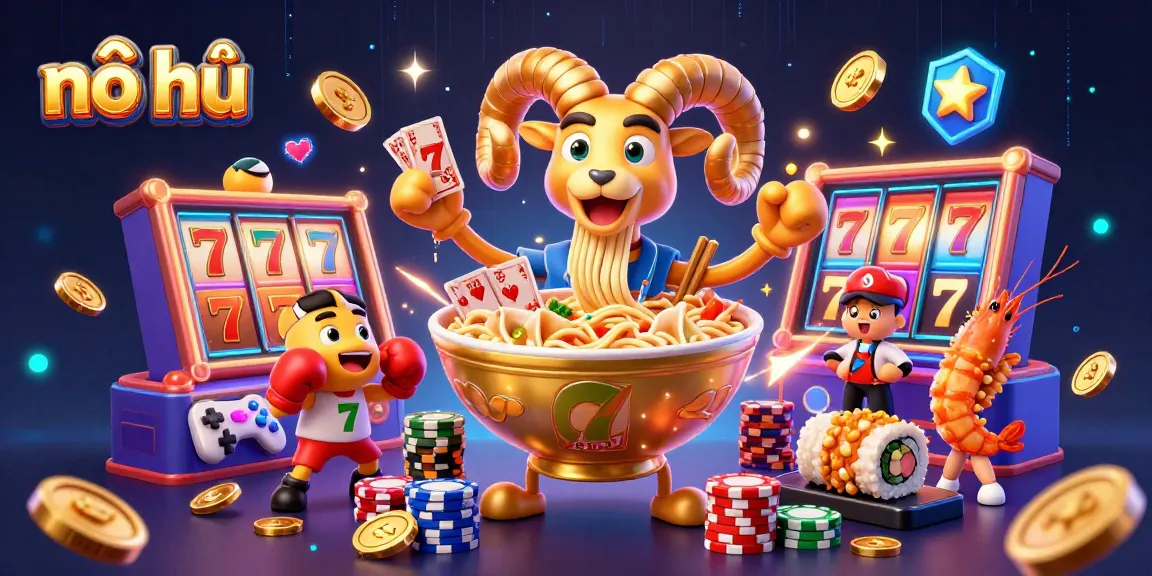 Engage in nổ hũ excitement with animated casino-themed characters and vibrant arcade elements.