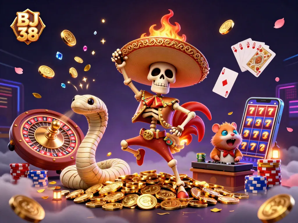 Experience the thrill at BJ 38 with a vibrant illustration showcasing a lively casino atmosphere filled with golden coins and dynamic characters.