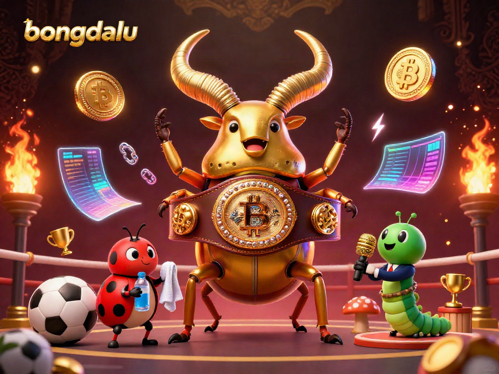 Bongdalu features a vibrant sports betting scene with a golden stag beetle, ladybug, and caterpillar, showcasing dynamic betting elements.