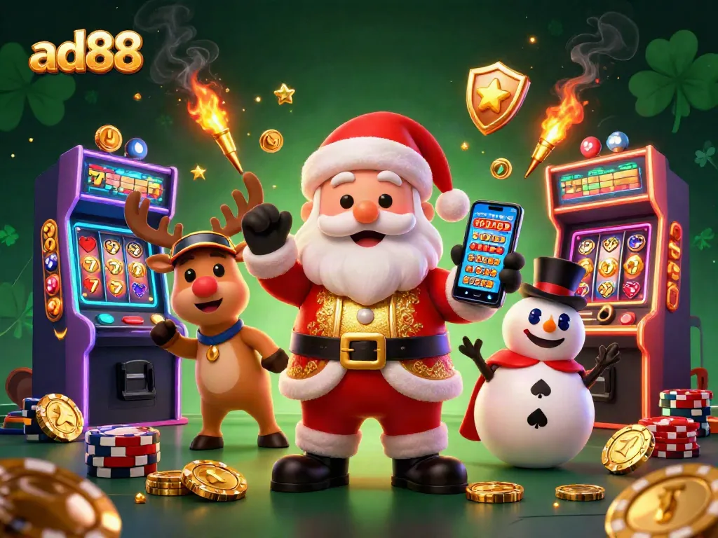Enjoy exciting jackpot slots action at ad88 featuring Santa, a reindeer dealer, and poker chip snowman.