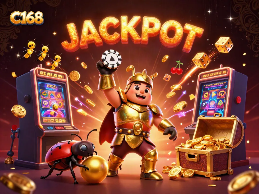 C168 casino scene with a beetle hero, jackpot explosion, and vibrant game elements.