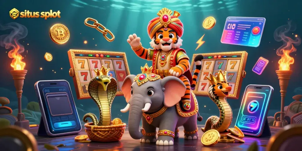 Experience excitement with situs slot in a vibrant casino scene depicting jackpot slots, gold coins, and animated characters.