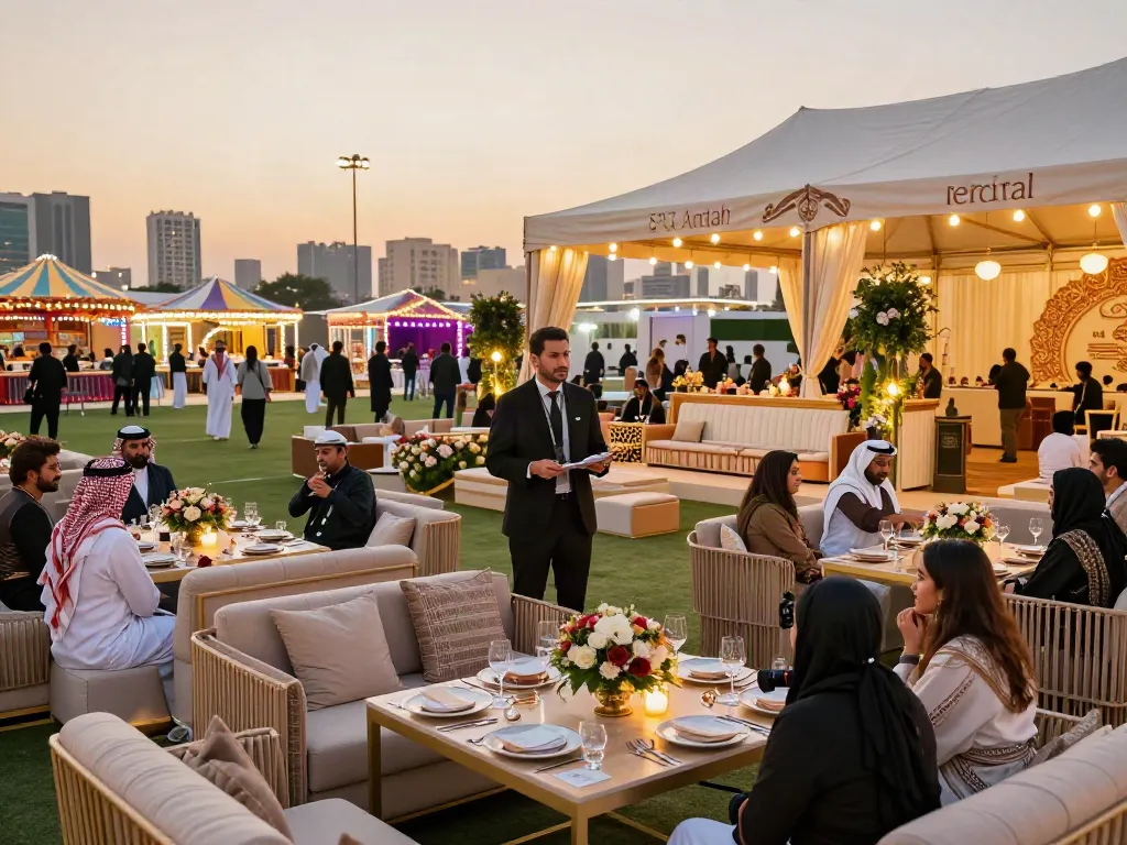 Event rental ksa showcasing an elegant outdoor setup with luxury seating and themed decor during sunset.