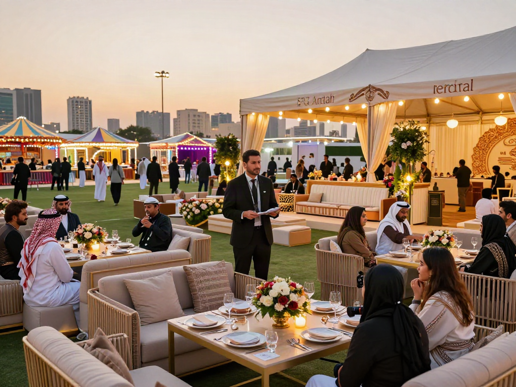 Event rental ksa showcasing an elegant outdoor setup with luxury seating and themed decor during sunset.