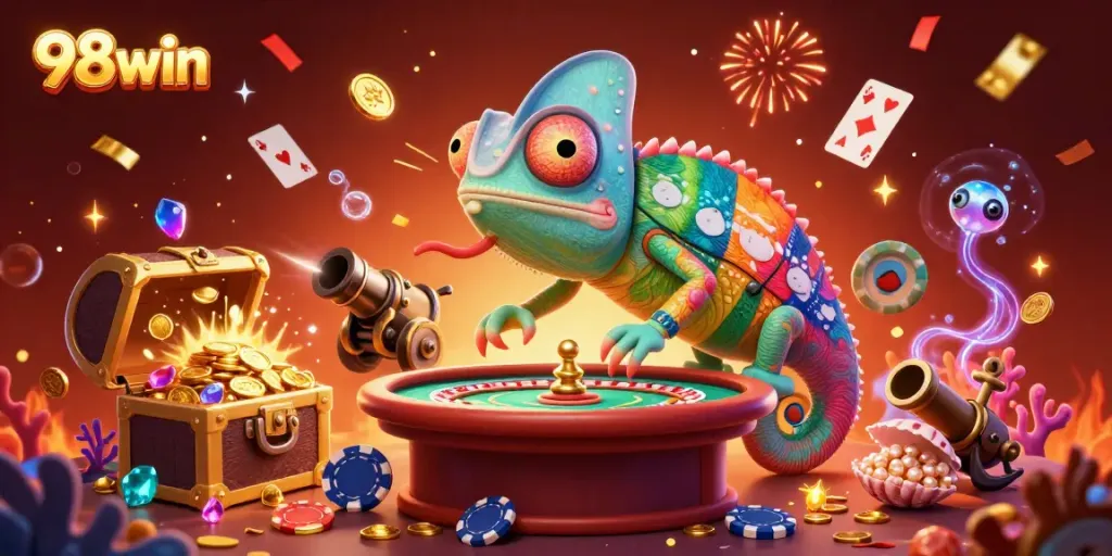Experience the thrilling world of 98win with a vibrant chameleon casino illustration capturing excitement and jackpots.