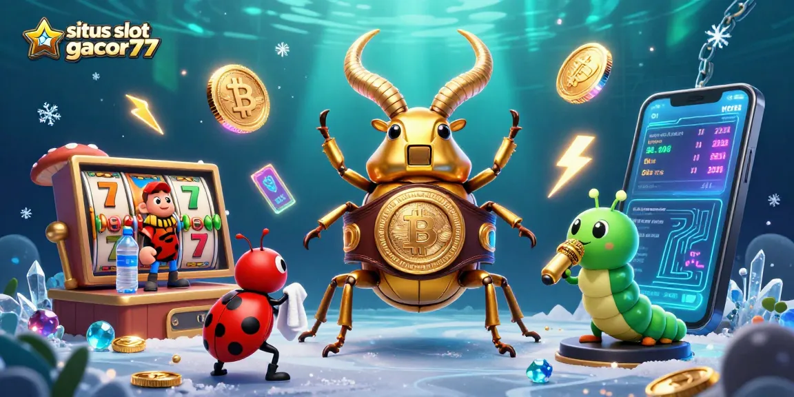 Engage with situs slot gacor77, where a giant golden stag beetle battles amidst slot game elements.
