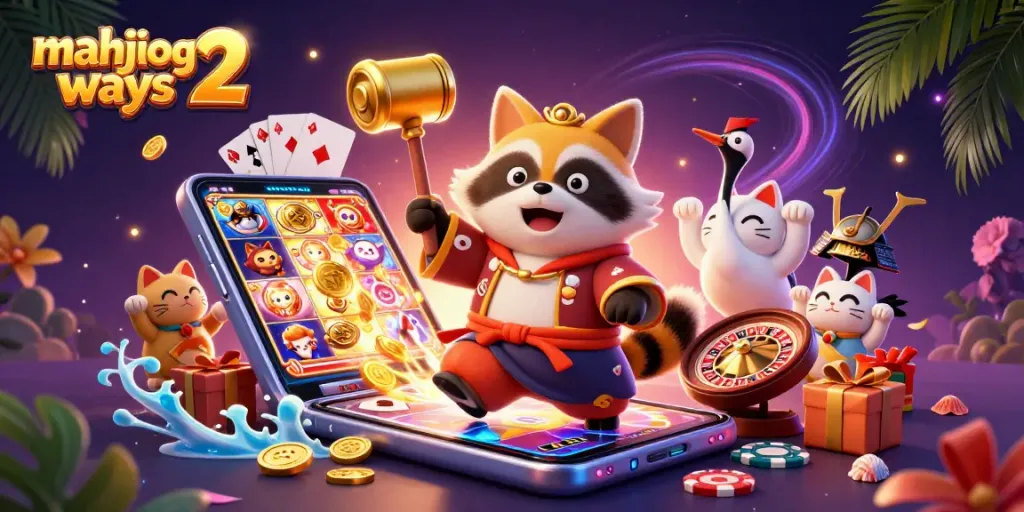 Spin winning reels in mahjong ways 2 surrounded by a cheerful tanuki and lucky symbols.