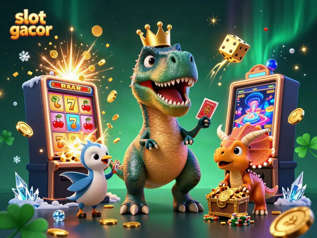 Engage in vibrant slot gacor action with a T-Rex shuffling cards in a lively casino scene.