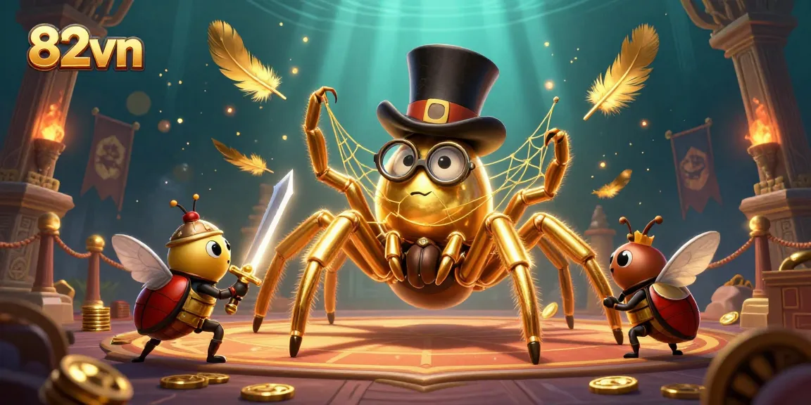 Experience excitement at 82vn with a vibrant casino scene featuring a golden tarantula and adventurous beetle knight amidst immersive gaming elements.
