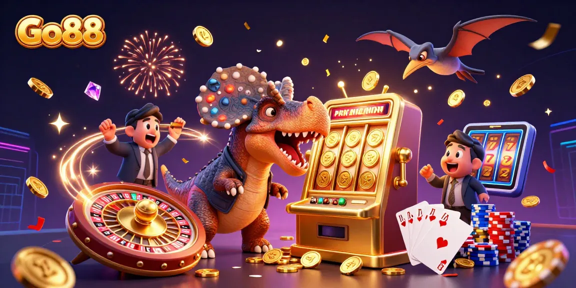 Go88 showcases an exhilarating jackpot scene with a dinosaur celebrating a win at the slot machine.