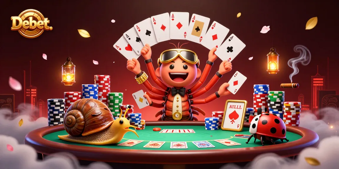 Engage in thrilling poker action with Debet.'s lively characters amidst a vibrant casino scene.