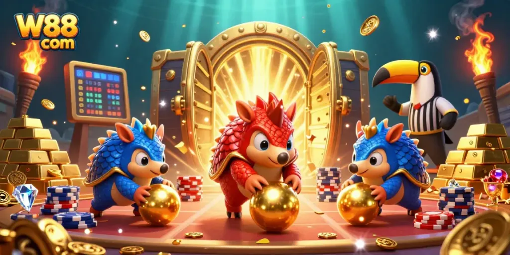 Win big with W88 com in a vibrant 3D casino scene with pangolins rolling through poker chips.