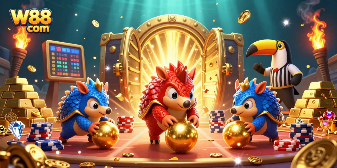 Win big with W88 com in a vibrant 3D casino scene with pangolins rolling through poker chips.