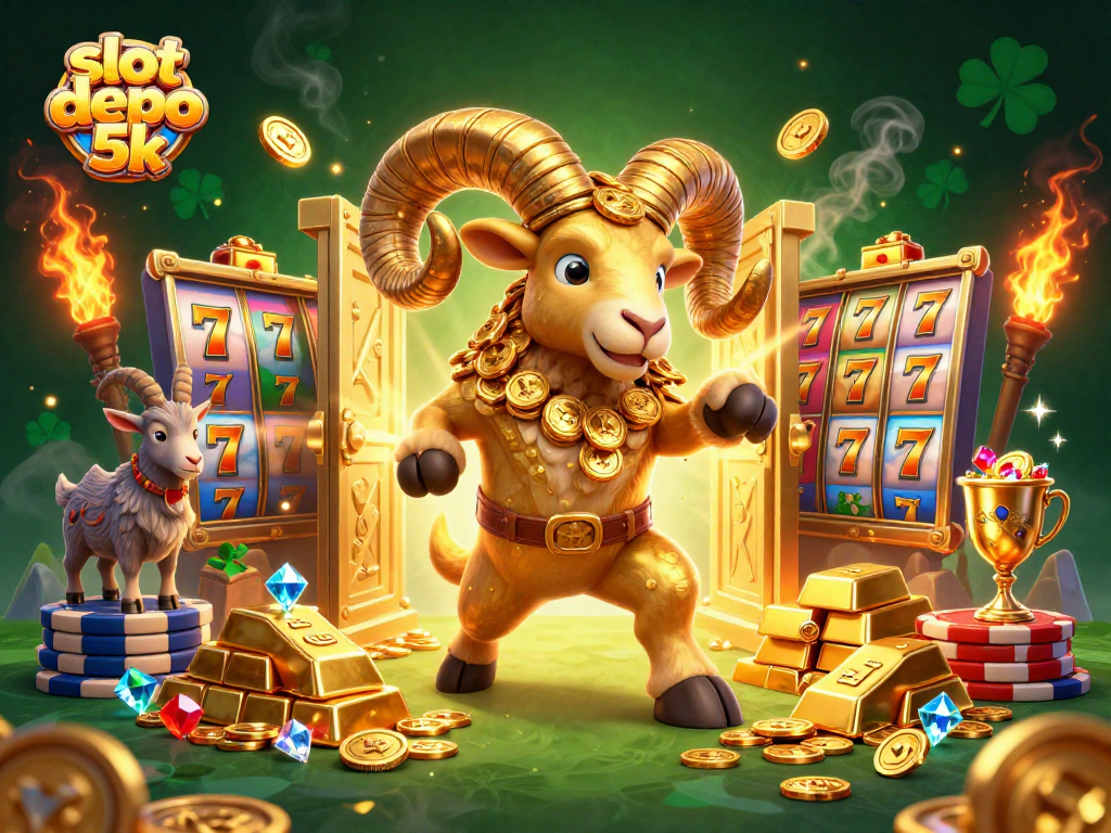 Experience big wins at slot depo 5k with a vibrant 3D scene featuring jackpot reels and golden treasures.