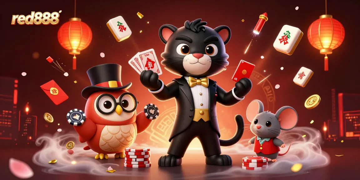 Join the excitement with red888's vibrant casino scene featuring a stylish black panther, an owl, and a lucky mouse.