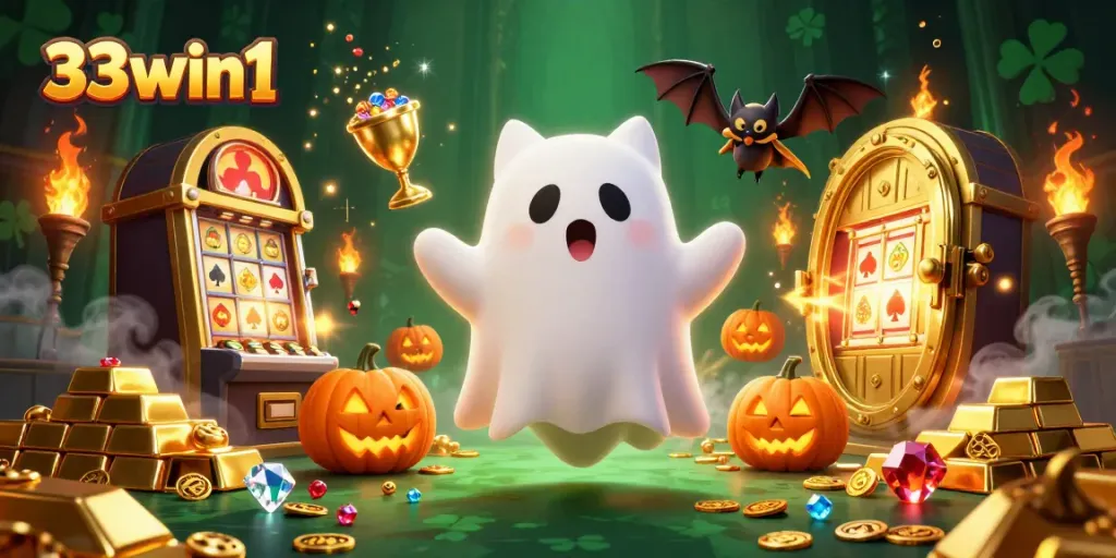 Engage in thrilling gameplay at 33win1 with a cartoon ghost cat in a spooky casino scene.