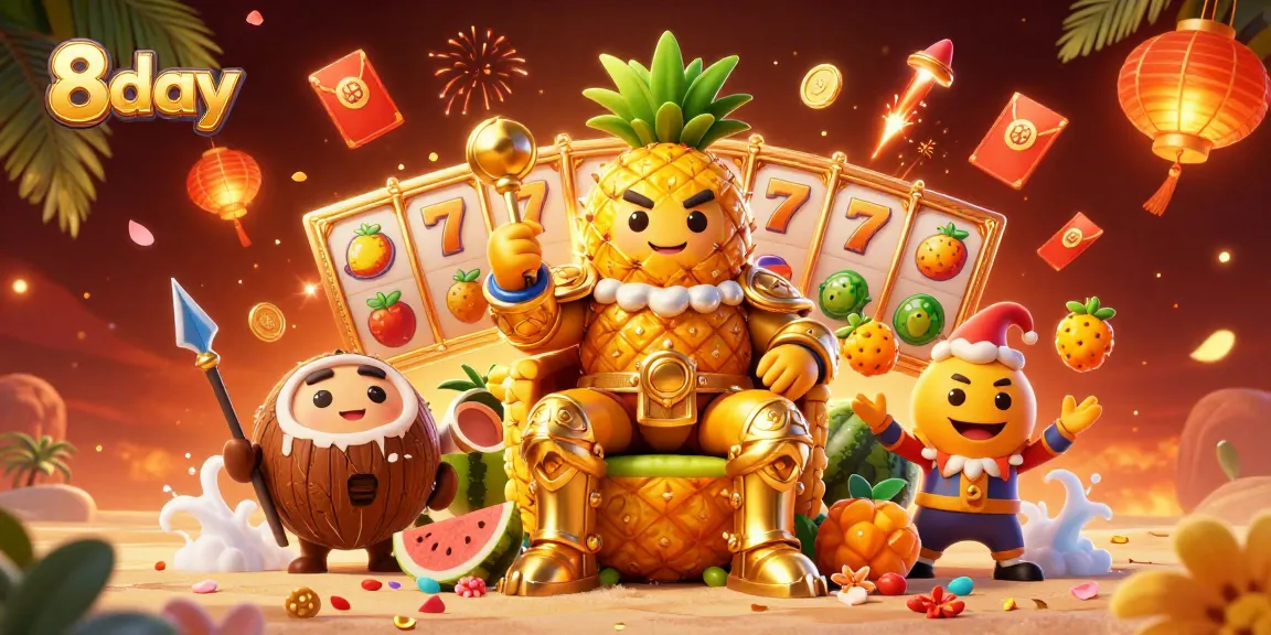 Experience vibrant action in 8day's casino scene with a playful golden pineapple king and companions.