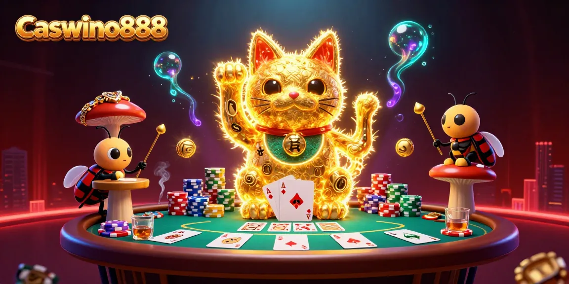 Experience the excitement of Caswino888’s vibrant gambling world with golden fireflies and iconic symbols.