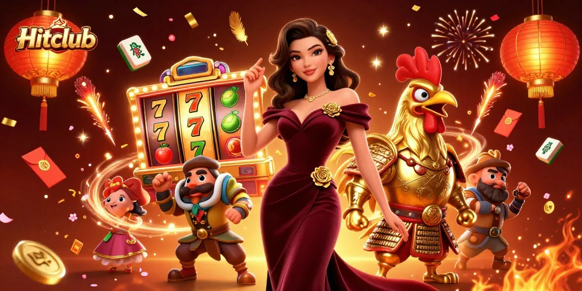Engage with Hitclub's vibrant casino world, showcasing lively slots and a glamorous scene.