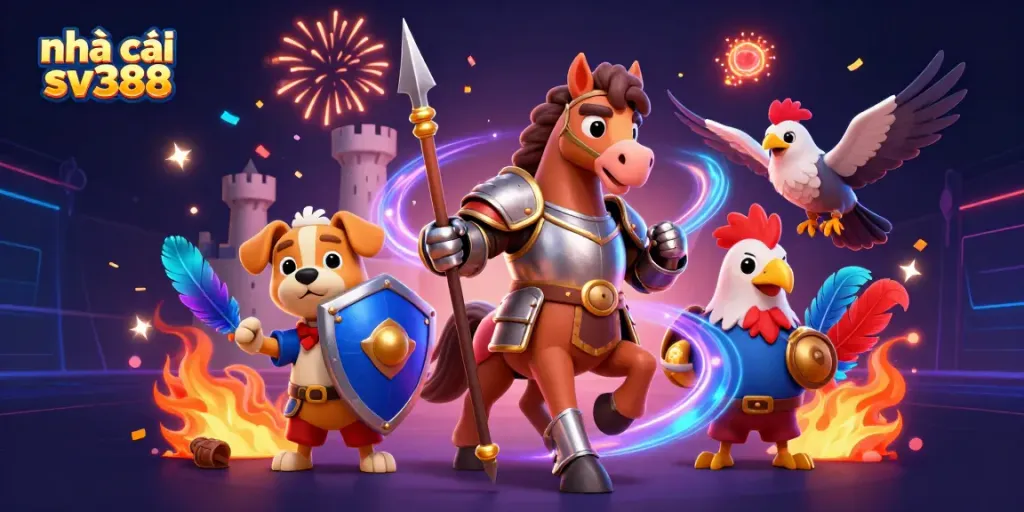 The cockfighting excitement at nhà cái sv388 with vibrant arena visuals showcasing knights and unique characters.