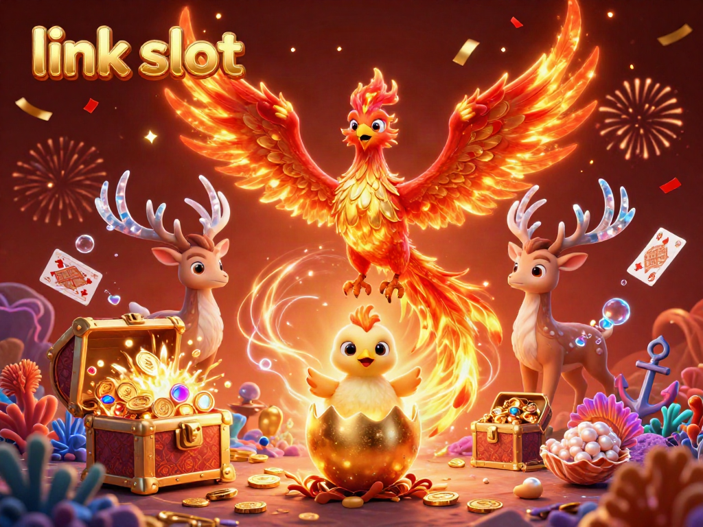 Experience the thrill of link slot with a vibrant illustration featuring a phoenix, treasure, and casino elements.