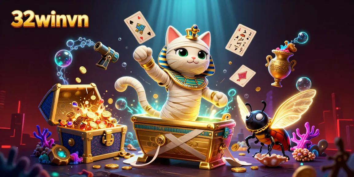 Engage in thrilling adventures at 32winvn with vibrant visuals of a mummy cat and casino elements.