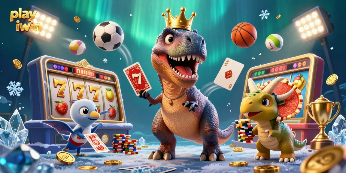 Play iwin with a vibrant 3D scene featuring a T-Rex and friends in a dynamic casino setting.
