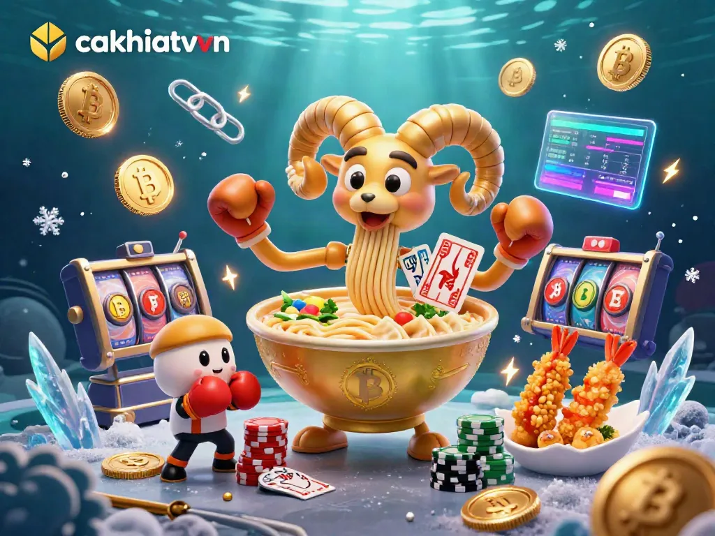 Cakhiatvvn features a vibrant 3D cartoon scene with a golden ramen bowl dealer, Bitcoin coins, and engaging slot elements.
