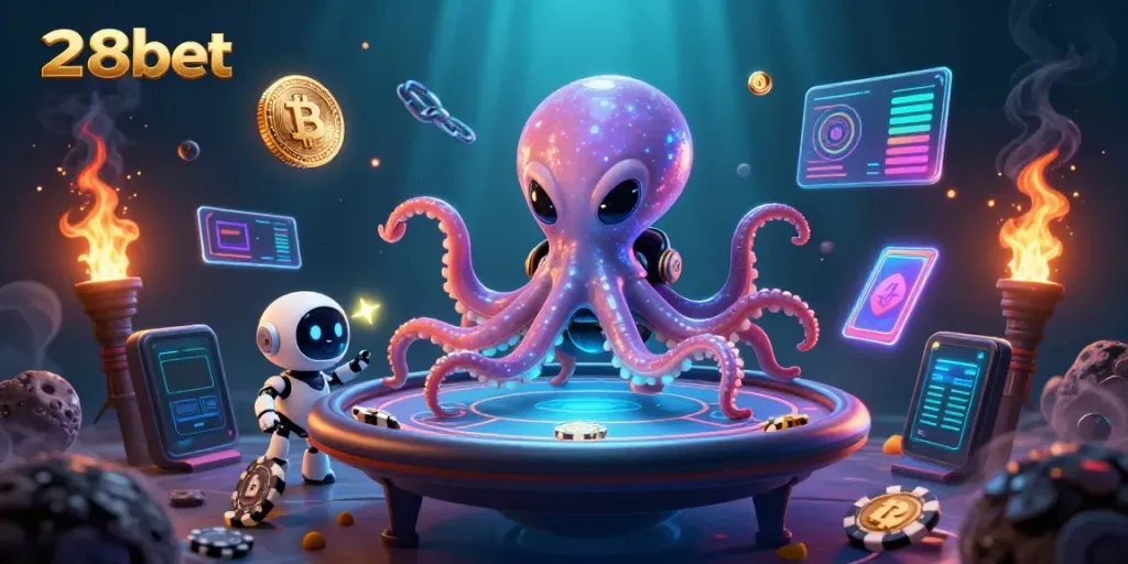 Engaging 28bet-themed illustration of a cartoon alien octopus at a poker table with vibrant crypto elements.