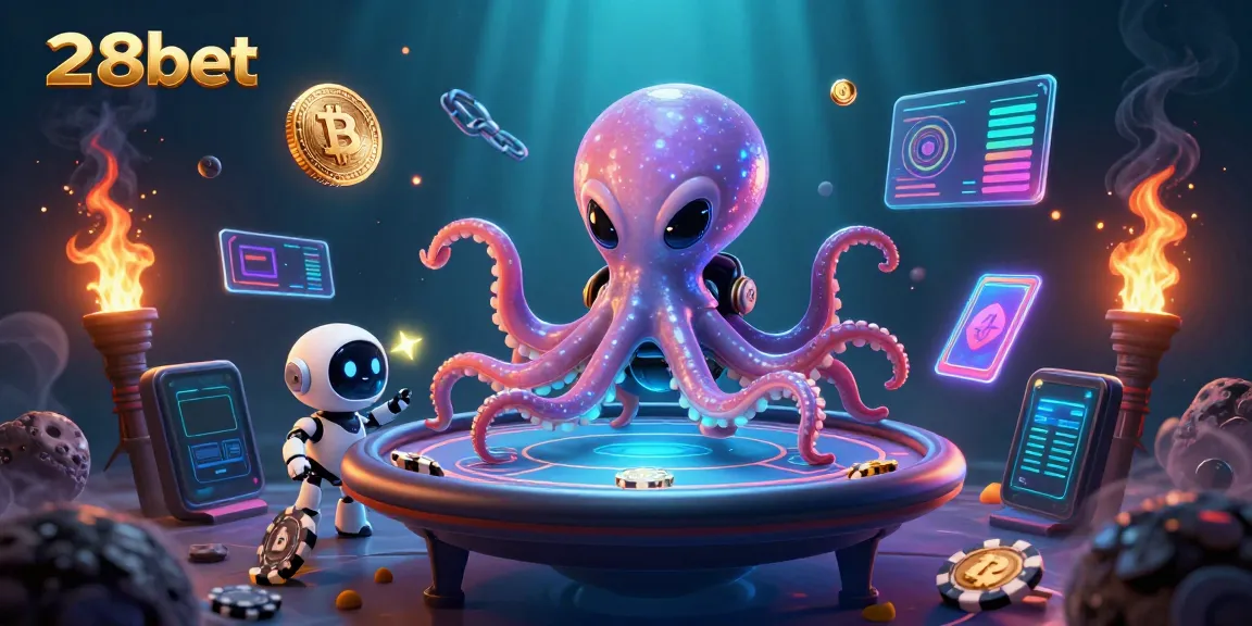 Engaging 28bet-themed illustration of a cartoon alien octopus at a poker table with vibrant crypto elements.