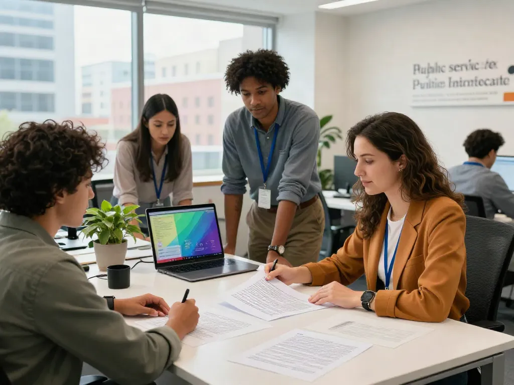 Beth Pearce engaging in public administration at her vibrant office with a diverse team, highlighting the theme of rokok88.