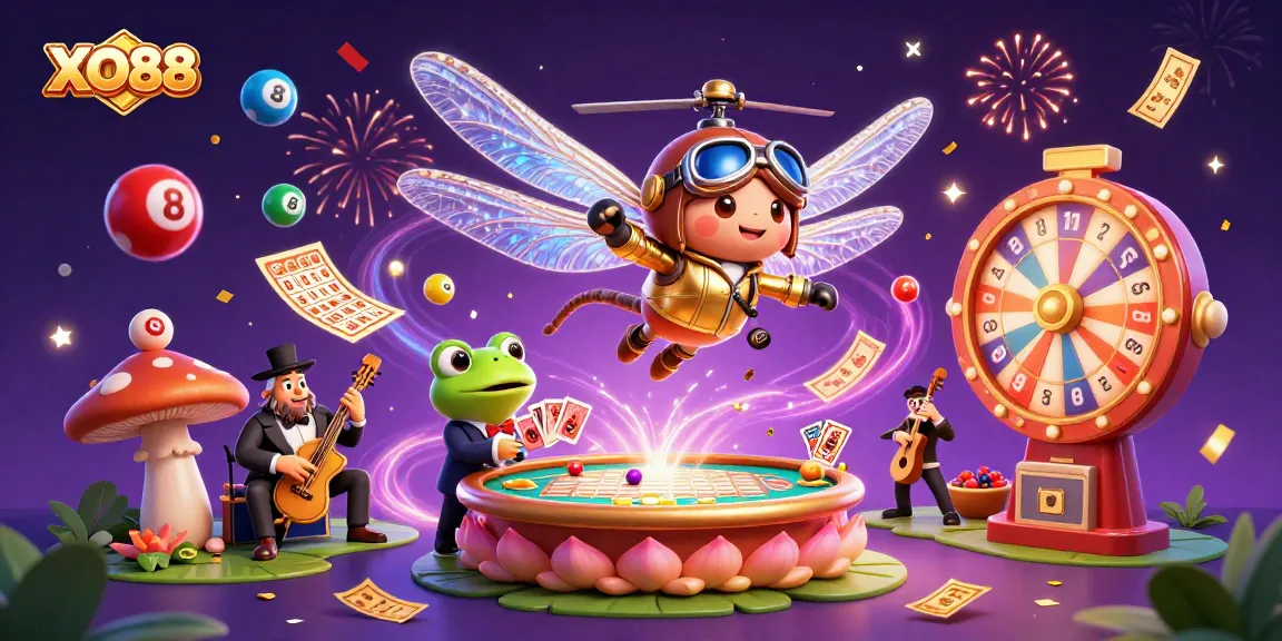 Engage in thrilling gaming at XO88's vibrant casino scene featuring a dragonfly pilot and frog dealer.