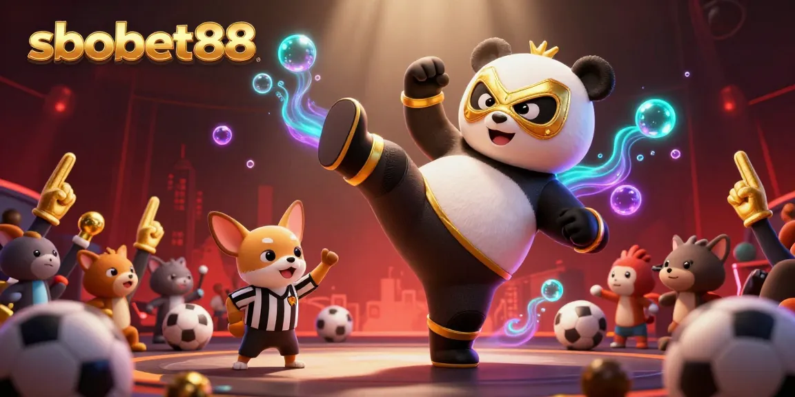SboBet88 sports betting excitement illustrated with a wrestling panda, counting chihuahua, and cheering animals.