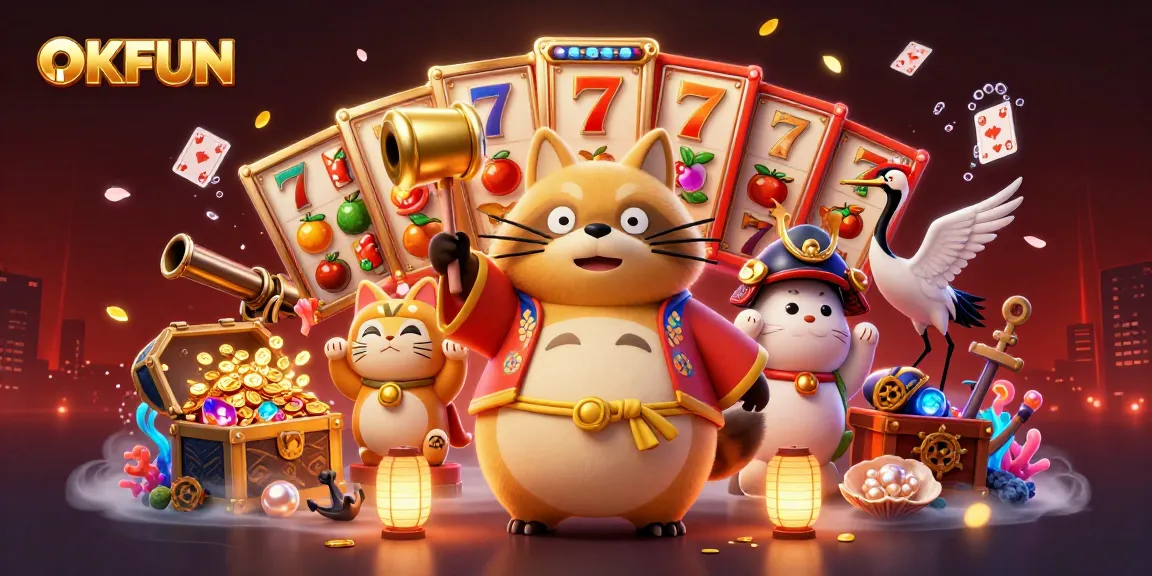 OKFUN offers an exciting gaming experience with cheerful characters amidst a vibrant casino theme.