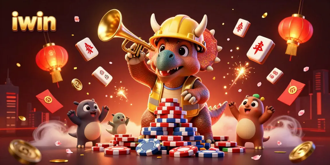 iwin casino illustration with cartoon characters building poker chip pyramid amidst festive elements