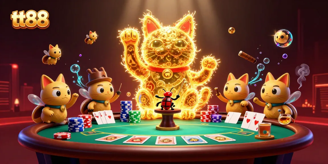 Experience the thrill of tt88 casino games with a giant lucky cat illustration surrounded by vibrant poker elements.