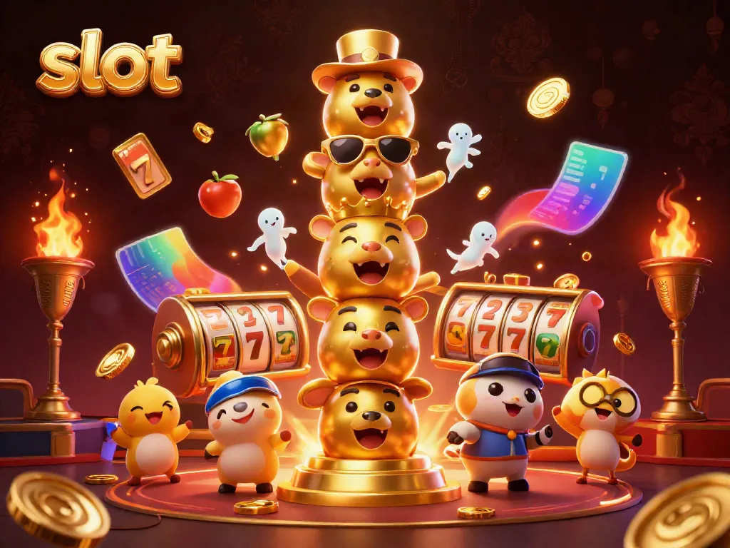 Experience thrilling slot games with dynamic symbols and vibrant casino elements in this 3D scene.