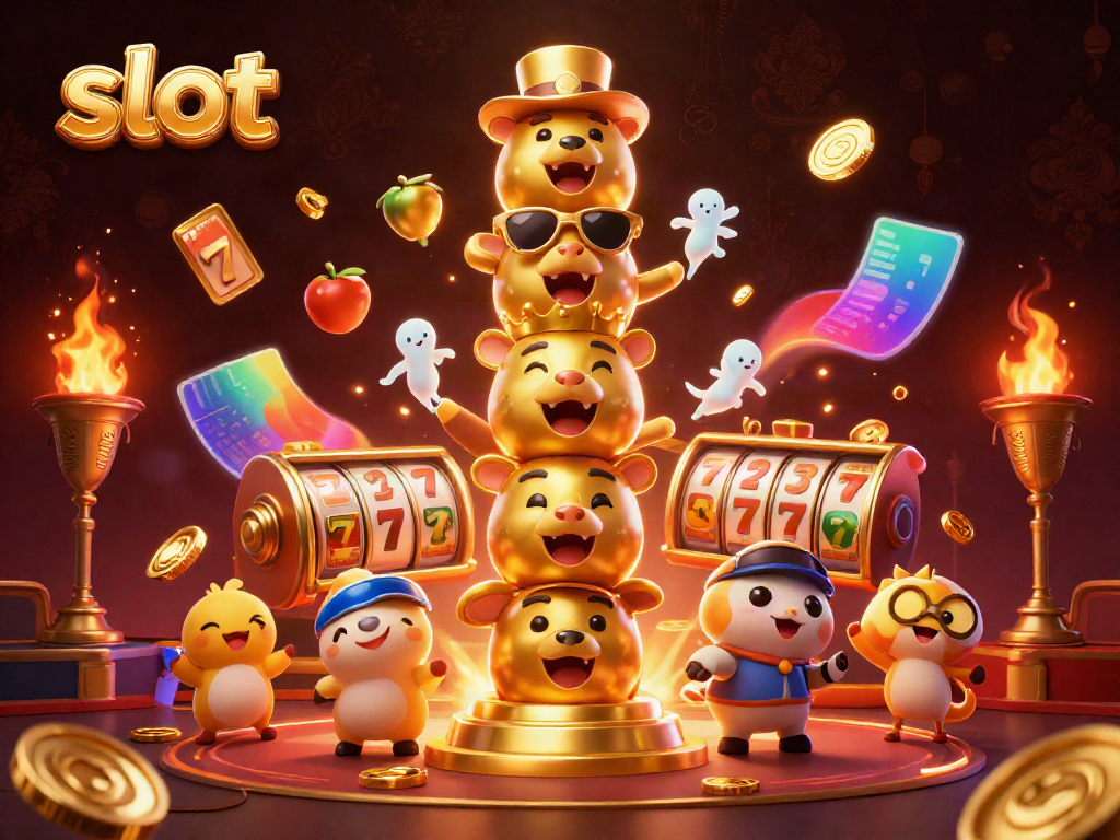 Experience thrilling slot games with dynamic symbols and vibrant casino elements in this 3D scene.