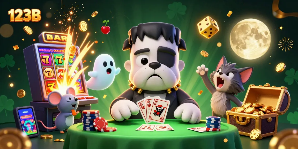 Play at 123B with a lively scene featuring gambling's whimsical elements and dynamic characters.