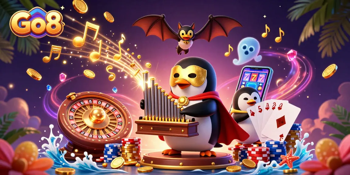 Experience the thrill of Go8 with a 3D illustration of casino elements and a penguin playing an organ.