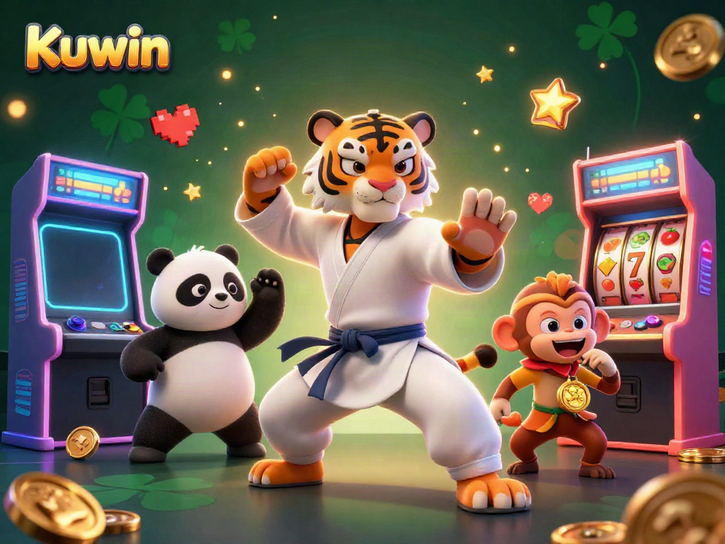 Kuwin casino scene featuring a kung fu tiger, panda, and monkey amidst vibrant game elements and slot machines.