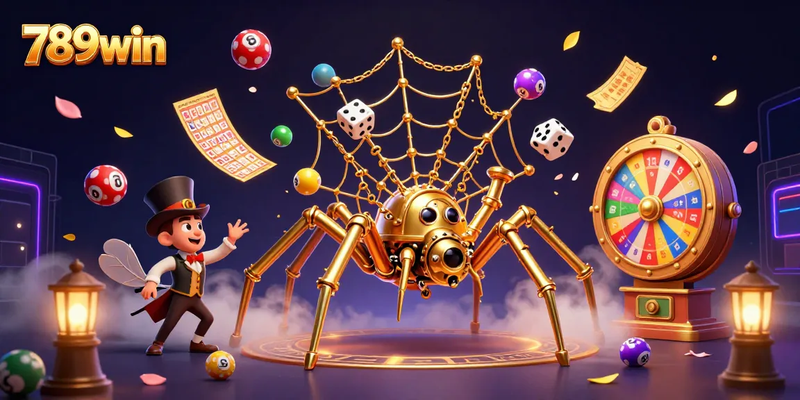 Engage with 789win as its golden spider traps dice in a vibrant, dynamic casino scene full of winning excitement.