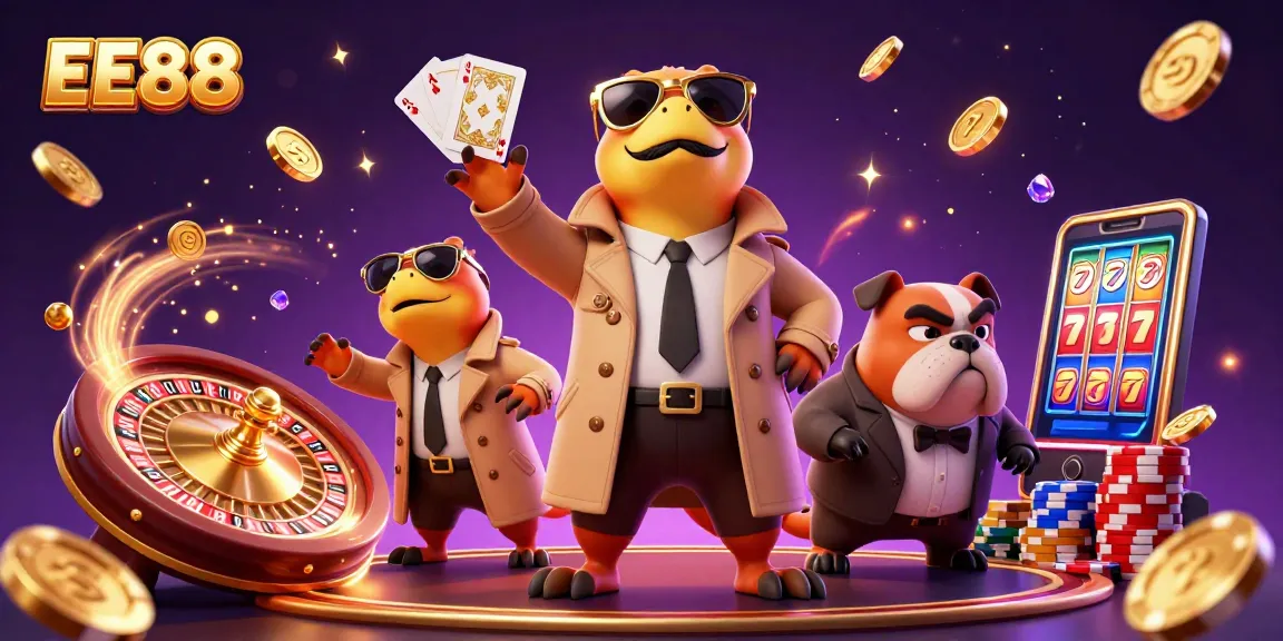 EE88 raptors in a trench coat attempt to enter a VIP casino, dazzling with coins and gems.