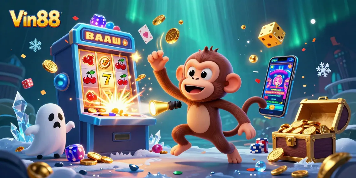 Engage in thrilling Vin88 casino adventures with a lively poltergeist monkey and ghost-hunter puppy amidst vibrant gaming elements.