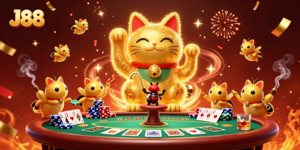 Experience J88's lucky cat and poker action surrounded by dynamic casino elements.