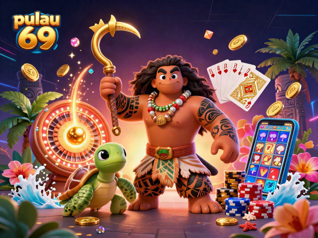 Engage with pulau 69: a vibrant 3D gaming scene featuring a demigod and treasures.