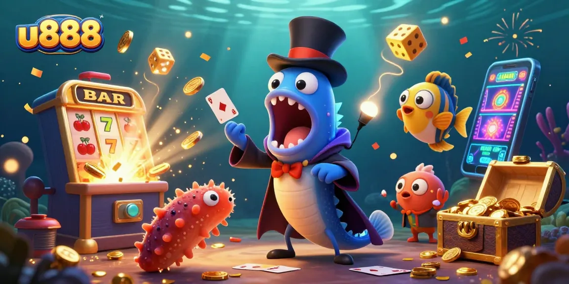 Experience the excitement of u888 as a bioluminescent gulper eel performs magic tricks in a vibrant casino setting.