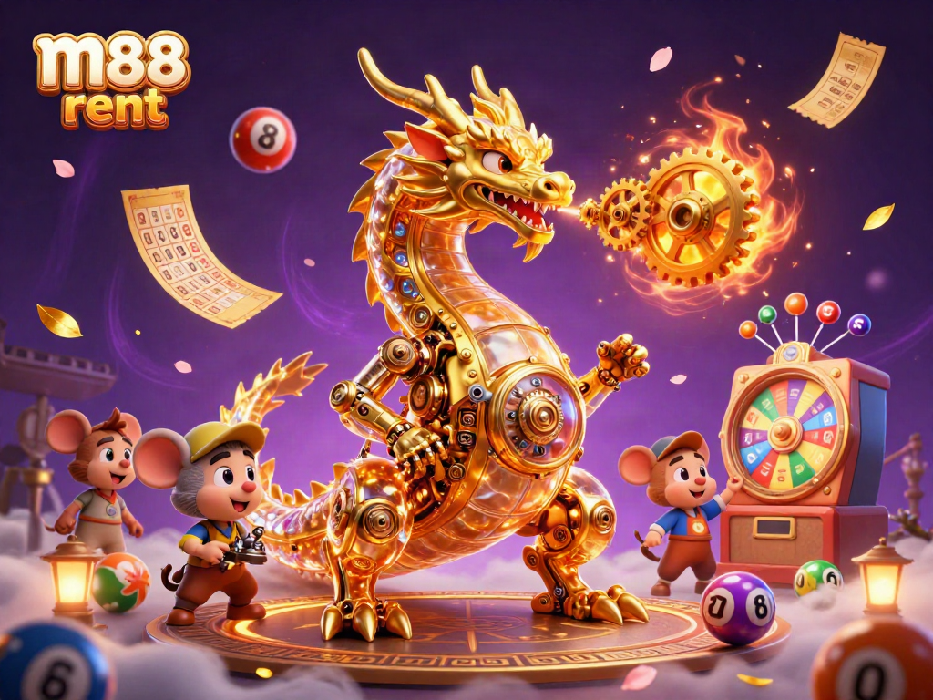Engage with m88 rent through a vibrant lottery scene featuring a golden dragon and dynamic gaming elements.