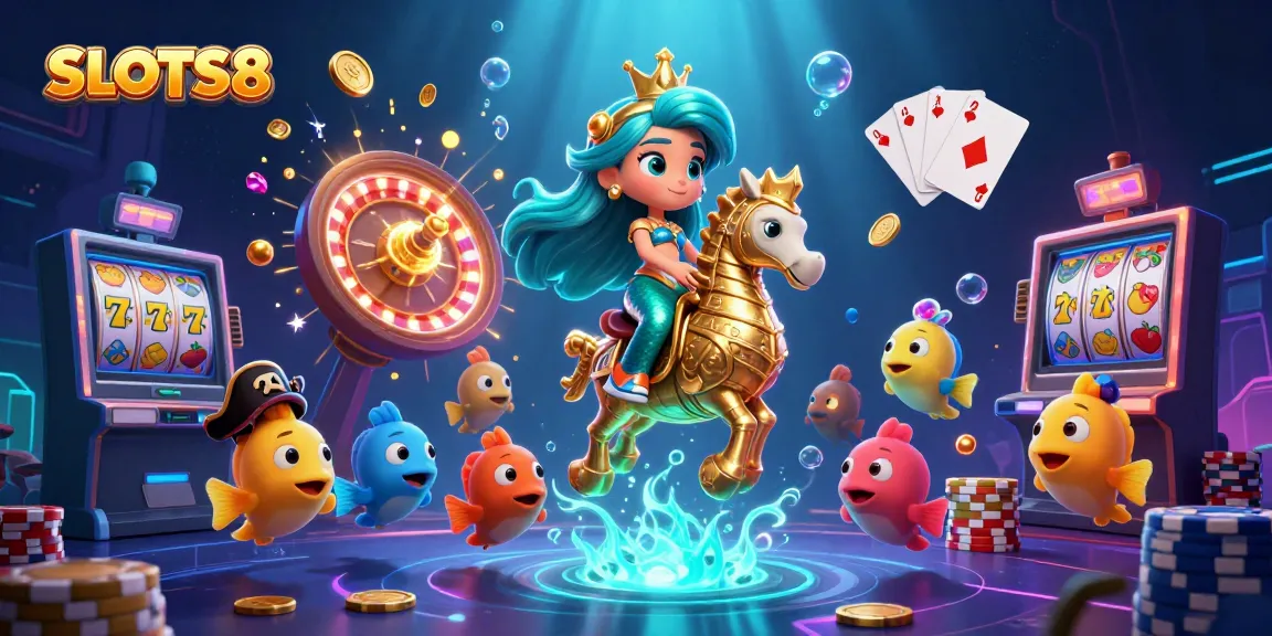 Experience SLOTS8 gaming with a vibrant mermaid scene, featuring slot reels and sparkling gems.