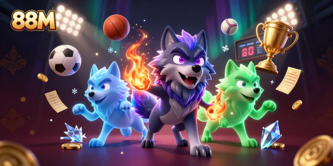 Engage with 88M's thrilling atmosphere, showcasing animated wolves amidst dynamic sports elements.
